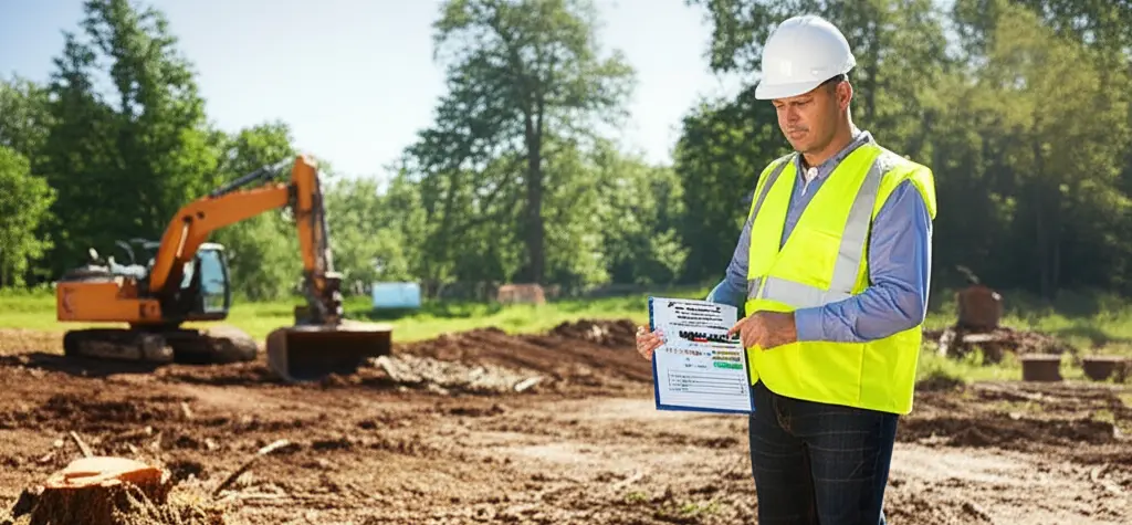 A land clearing contractor at a work site holding a clipboard with contact details ensuring consistent local citations.