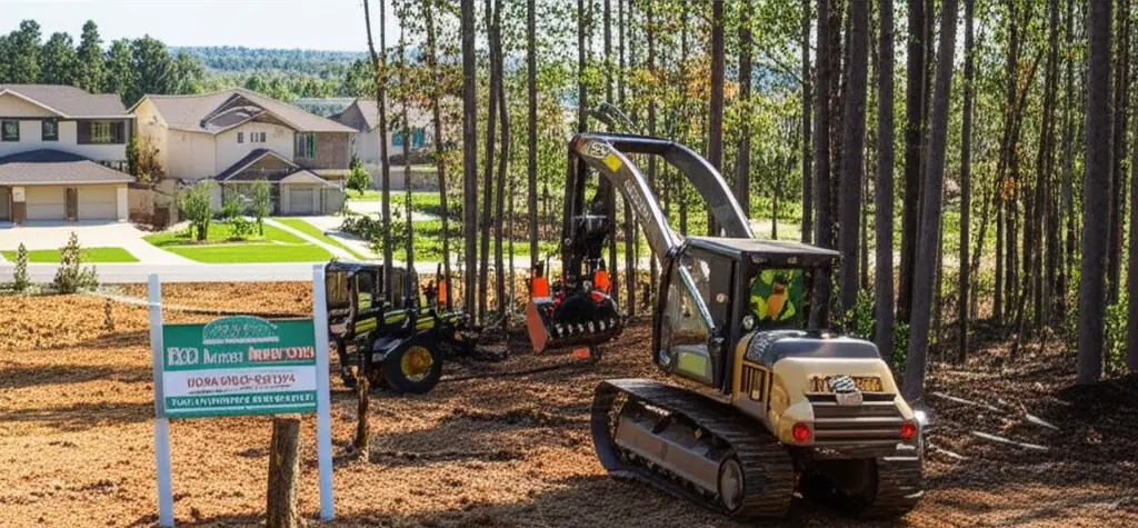 Local SEO vs SEO - Professional land clearing business in action at the edge of a residential area, emphasizing local SEO benefits.