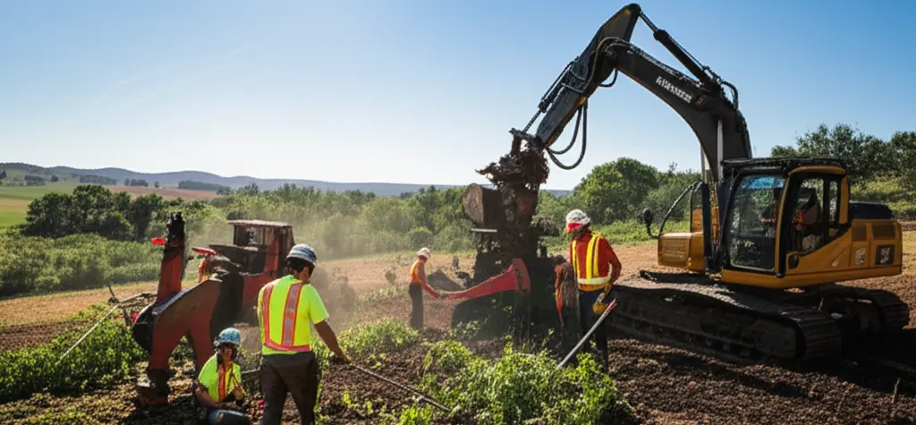 Professional land clearing crew working on a defined service area, showcasing SEO improvements in the land clearing industry.
